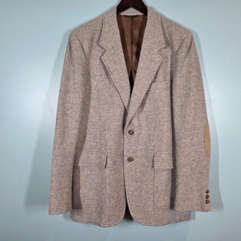 Vintage Pendleton Tweed Blazer Elbow Patches Tan/Brown Wool‎ Sport Coat 42 Long